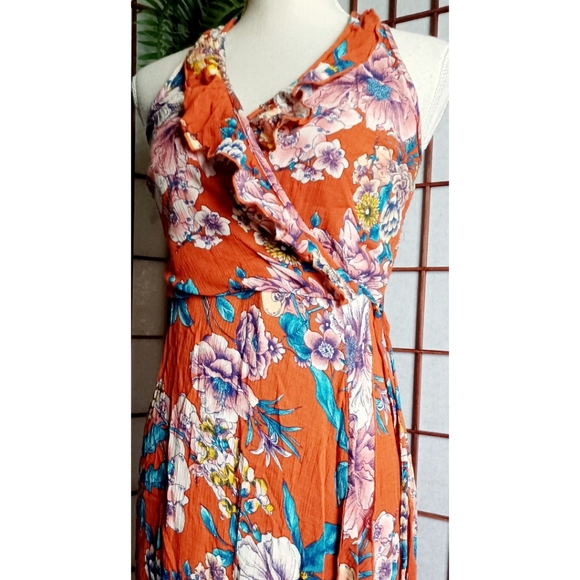 Band of Gypsies Ruffle V-Neck Faux Wrap Maxi Dress - Burnt Orange/Blue-Multi - Picture 4 of 16